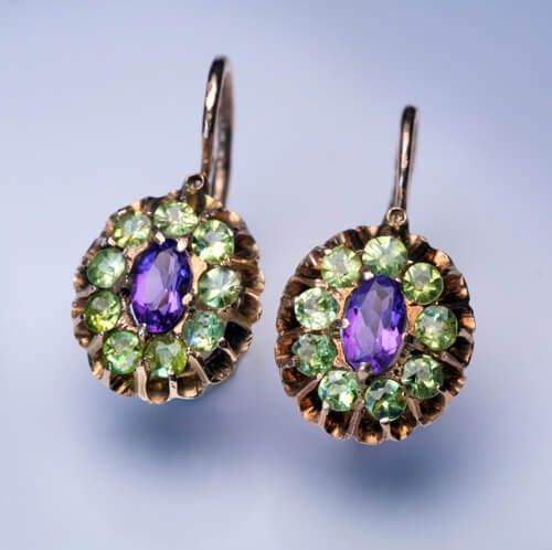 Boucles d'oreilles vintage rondes brillantes vertes et violettes