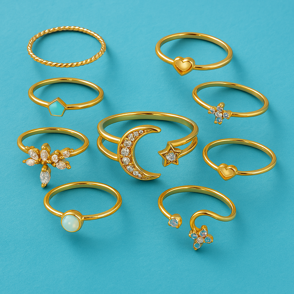 Lot de 10 bagues bohèmes en argent et plaquées or