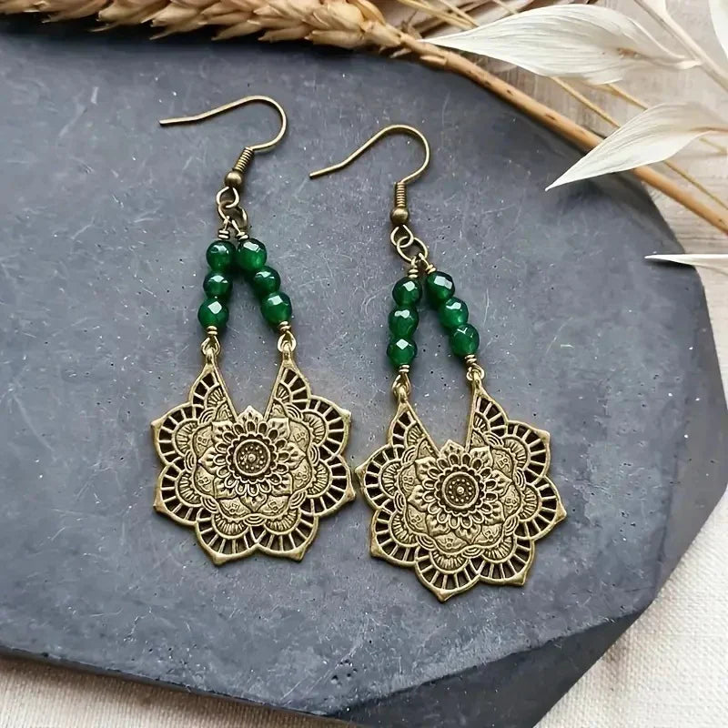 Boucles d'oreilles vintage mandala dorées et vertes
