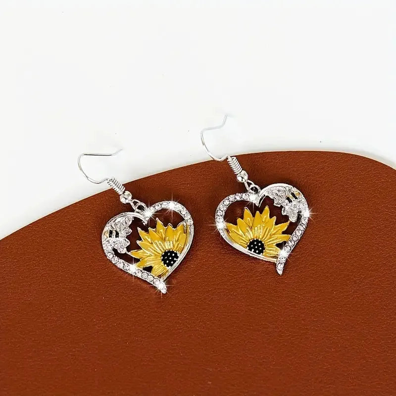 Boucles d'oreilles pendantes vintage bohèmes en forme de cœur avec tournesol et abeille