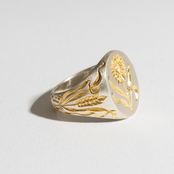Bague vintage en argent avec sceau en forme de tournesol
