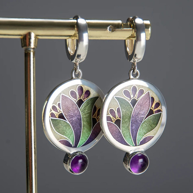 Boucles d'oreilles bohèmes avec cristaux violets en argent sterling