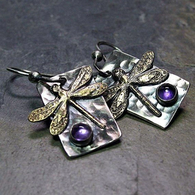 Boucles d'oreilles vintage libellule cristal violet