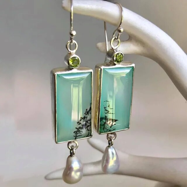Boucles d'oreilles vintage rectangulaires en turquoise et perles