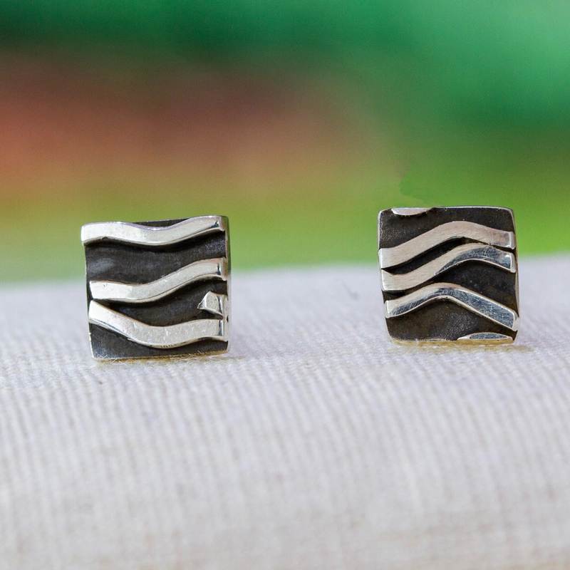 Vintage Silver Wavy Square Earrings-Lydieannejewelry