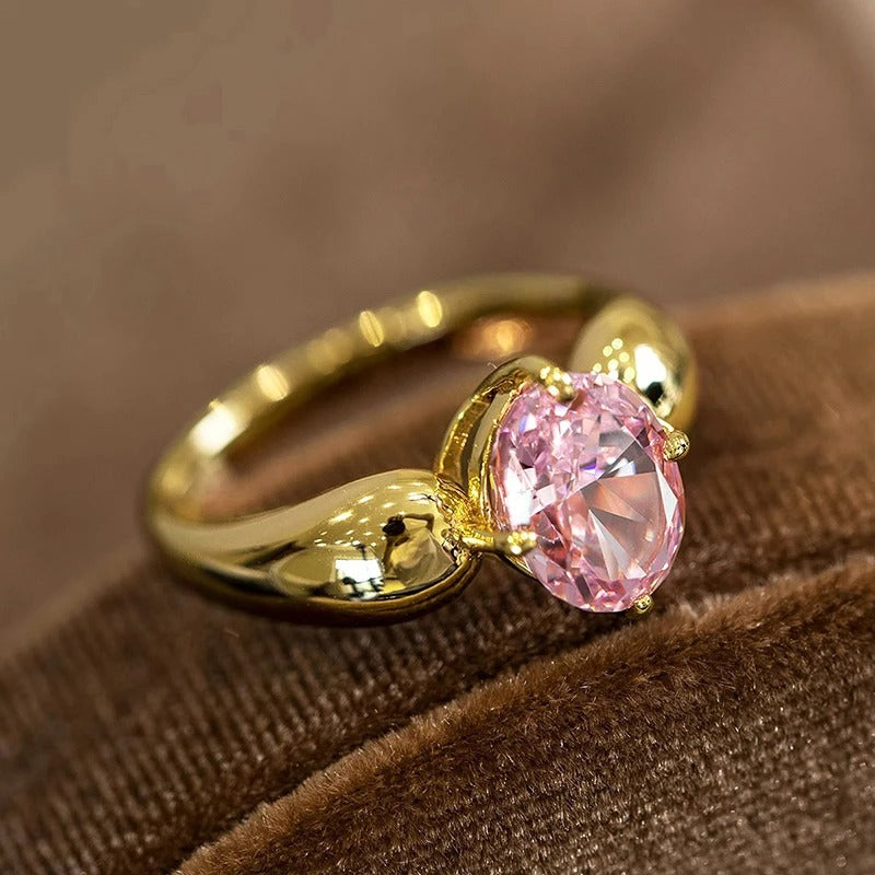 Bague ovale rose avec pierre précieuse et anneau en or - Lydieannejewelry