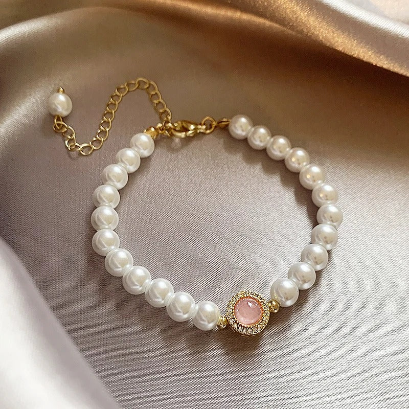 Bracelet vintage en perles et quartz rose doré - Lydieannejewelry