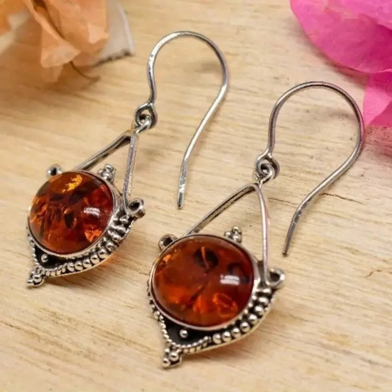 Boucles d'oreilles bohèmes en argent et pierre d'ambre - Lydieannejewelry