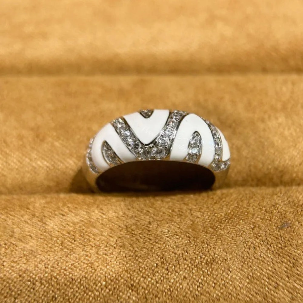 Bague vintage blanche et argentée ajustable en zigzag - Lydieannejewelry