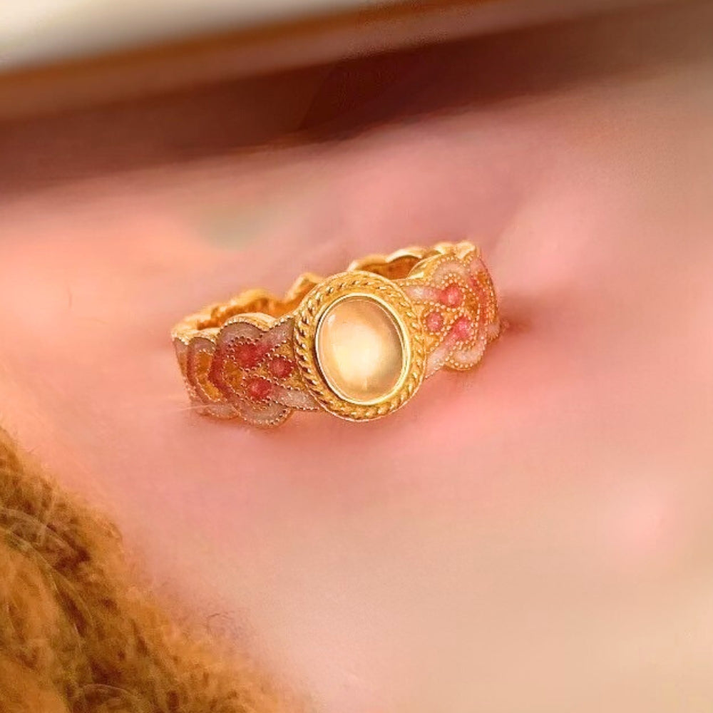 Bague ajustable vintage en or et cristal rose ovale unique - Lydieannejewelry