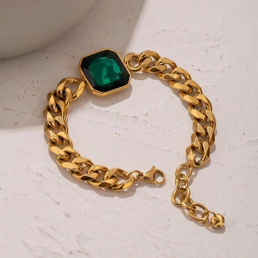 Bracelet vintage en or avec chaîne et pierres vertes - Lydieannejewelry