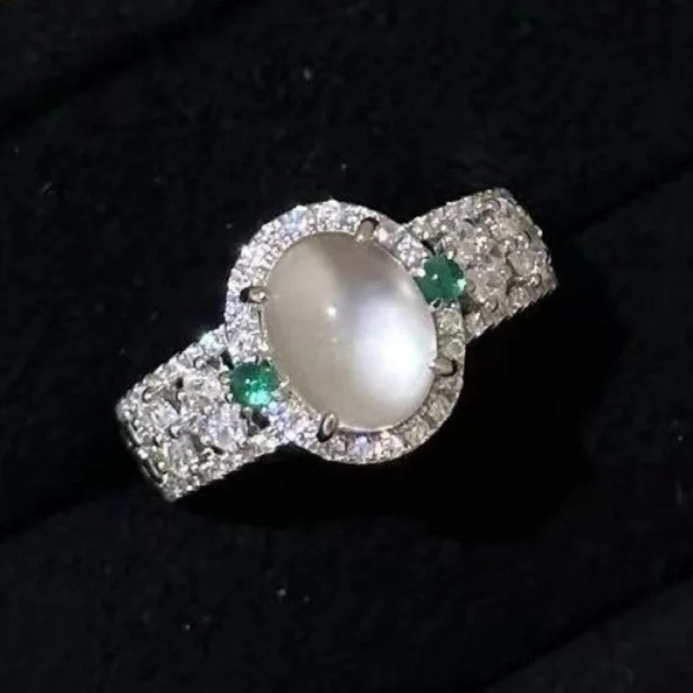 Bague ajustable rétro en argent blanc et pierre précieuse verte Moonstone - Lydieannejewelry