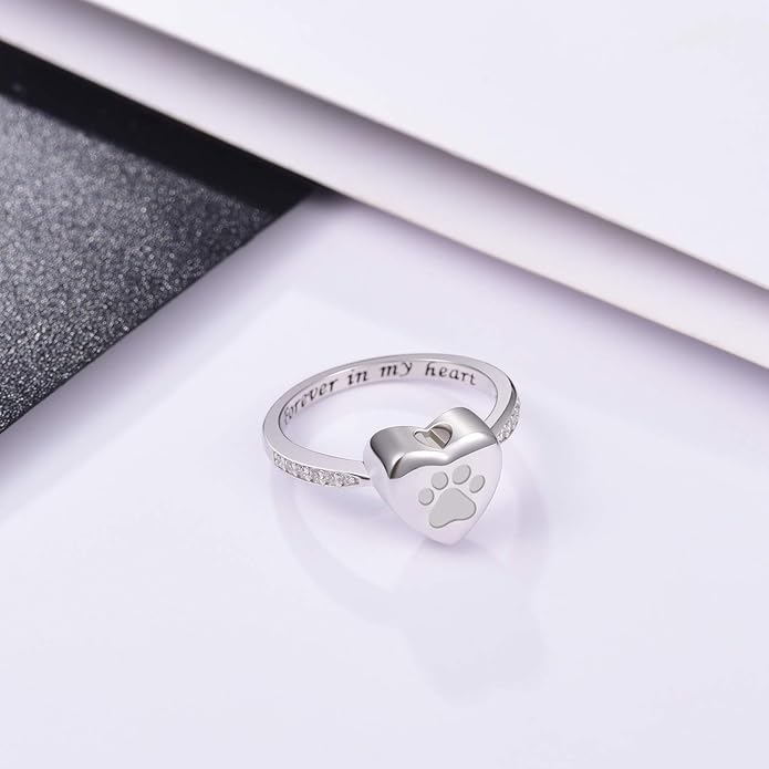 Bague urne avec motif cœur et empreinte de patte – Bijoux commémoratifs pour animaux de compagnie