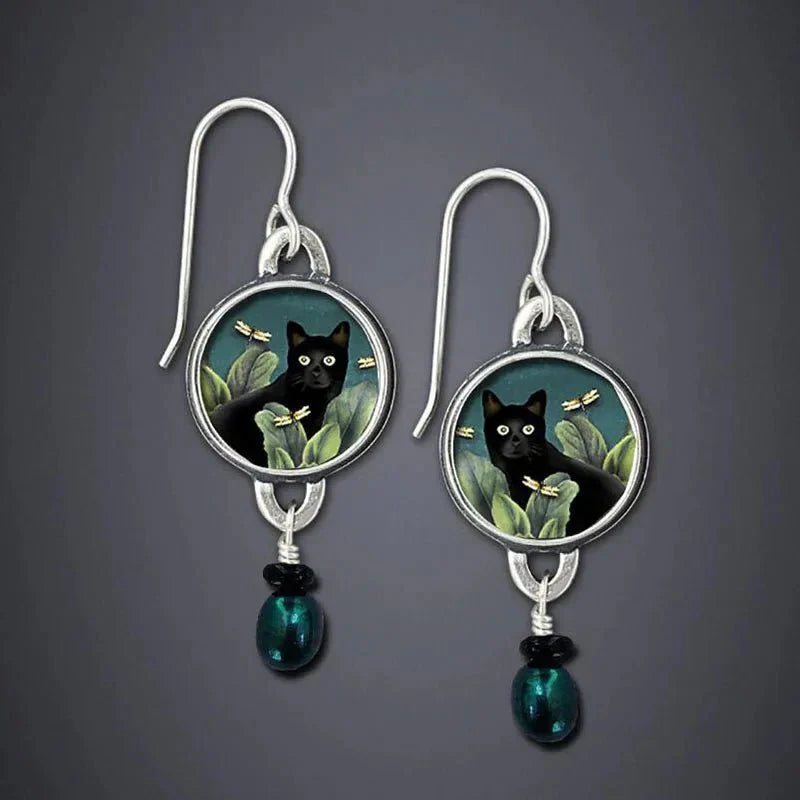 Boucles d'oreilles pendantes vintage tropicales avec chat noir