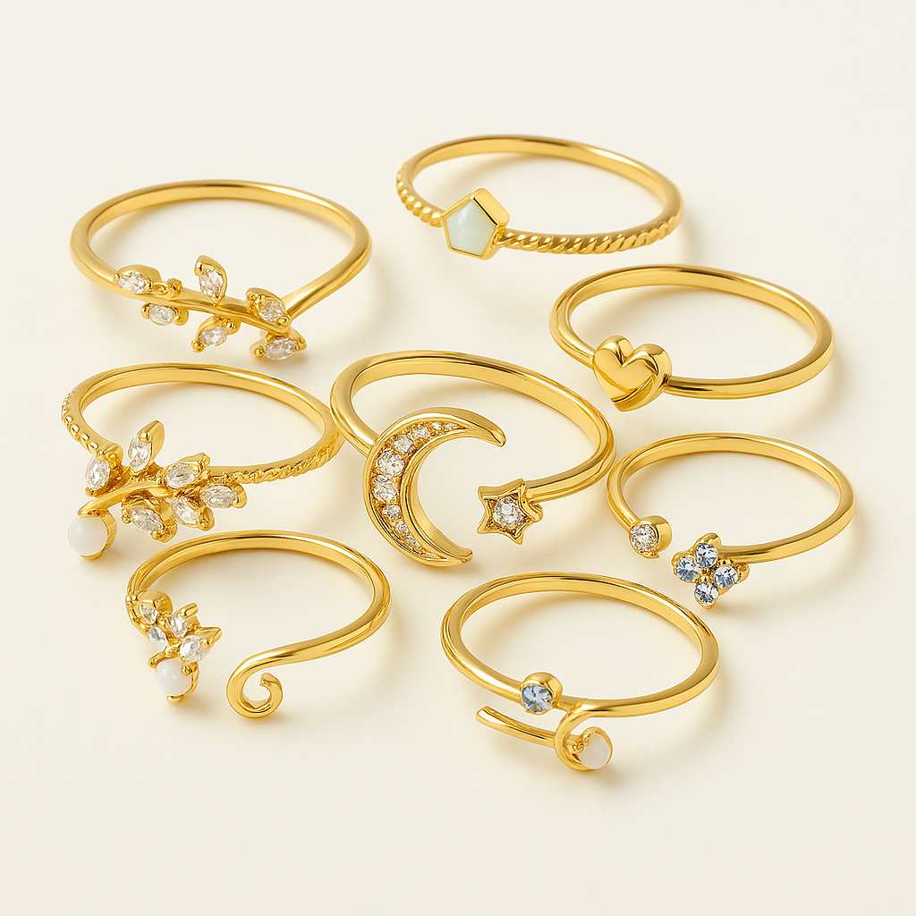 Lot de 10 bagues bohèmes en argent et plaquées or