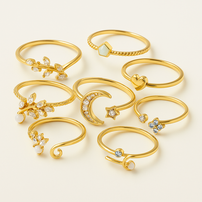 Lot de 10 bagues bohèmes en argent et plaquées or