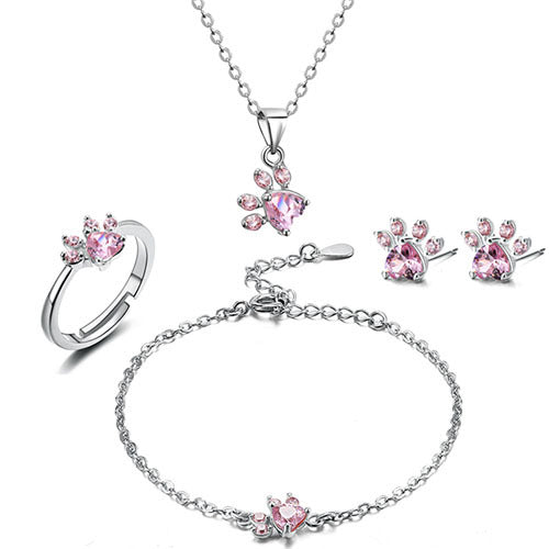 Ensemble de bijoux en or rose avec motif patte – 4 pièces avec cœur en zircone (bague, collier, boucles d'oreilles, bracelet)