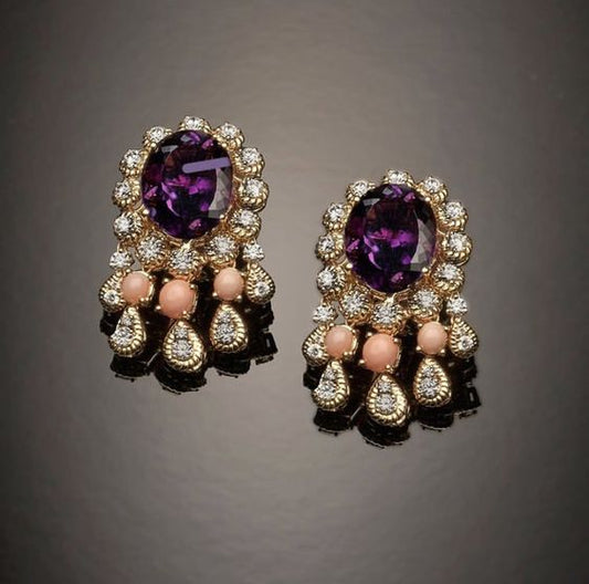 Boucles d'oreilles vintage en verre violet arrondi et zircone