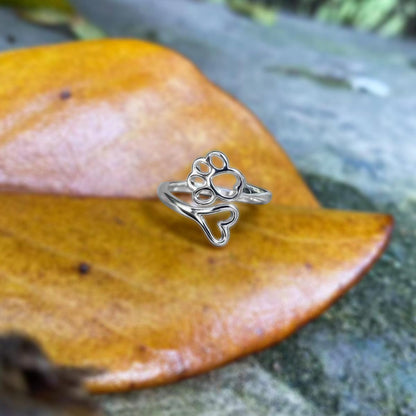 Bague ajustable avec empreinte de patte et cœur – Acier inoxydable