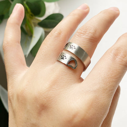 Bague ajustable avec empreinte de patte et cœur torsadé – Acier inoxydable