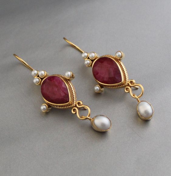 Boucles d'oreilles vintage rubis et perles - Lydieannejewelry