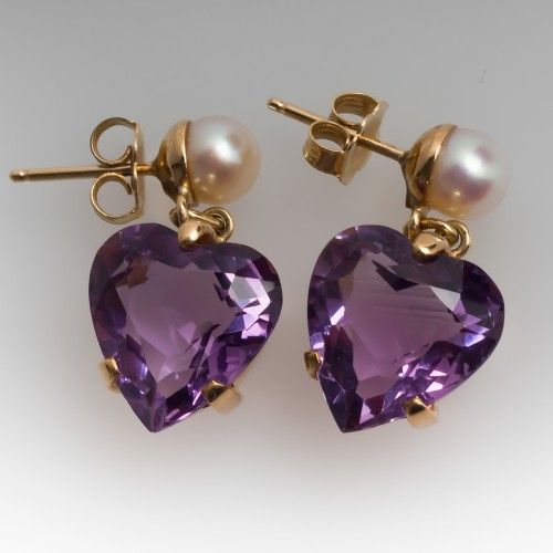 Boucles d'oreilles vintage en verre violet avec perles en forme de cœur