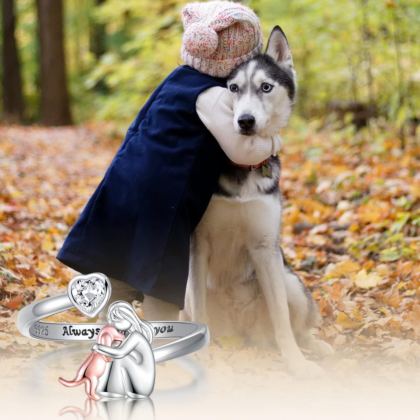 Bague ajustable pour chien en argent sterling 925 – « Toujours dans mon cœur » avec zircone