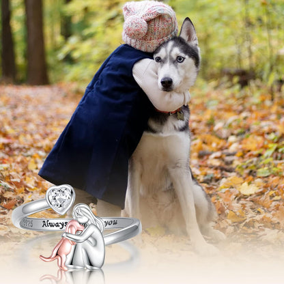 Bague ajustable pour chien en argent sterling 925 – « Toujours dans mon cœur » avec zircone