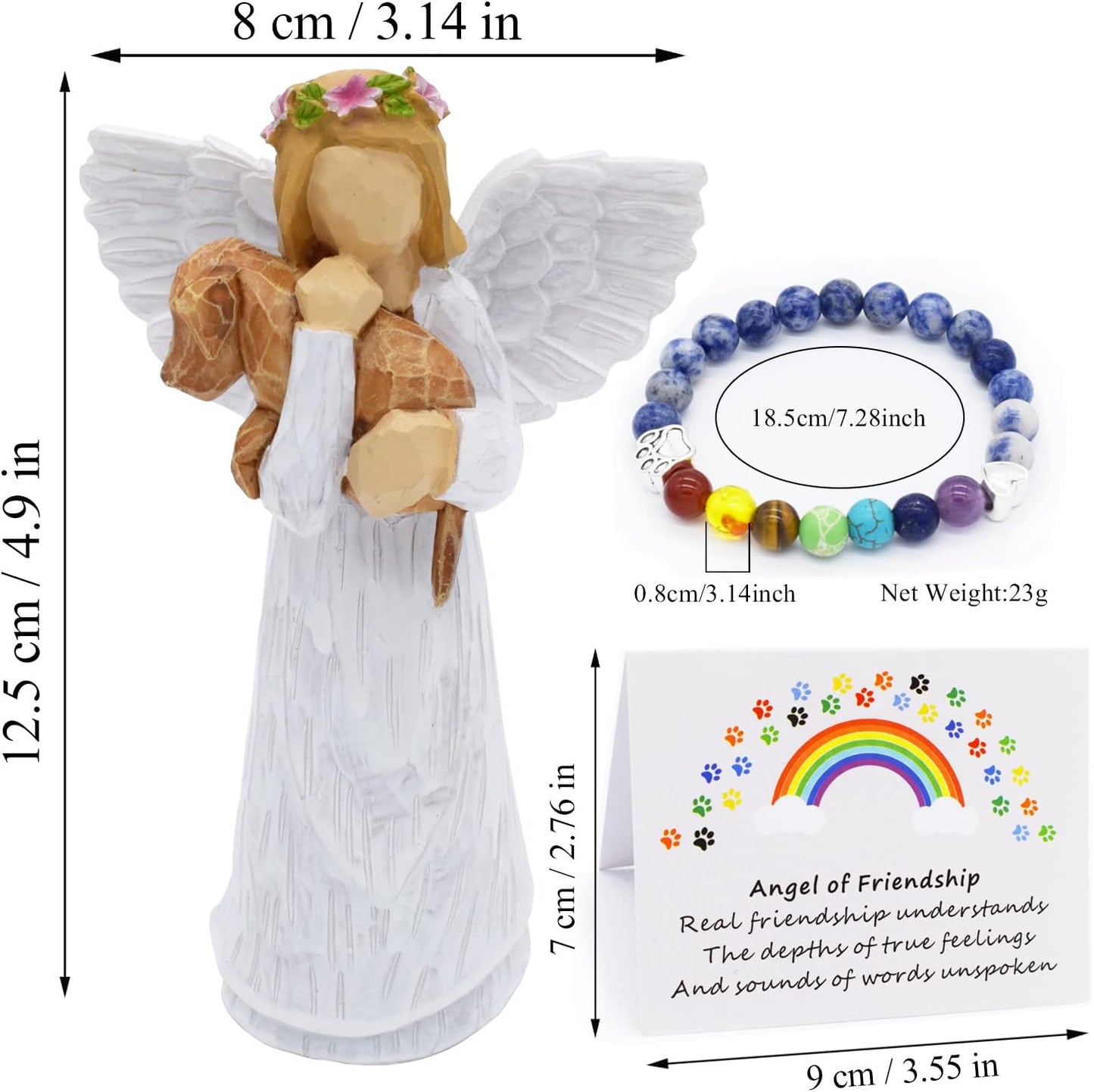 Coffret cadeau commémoratif pour chien avec figurine « Ange de l'amitié » et bracelet chakra « Rainbow Bridge »