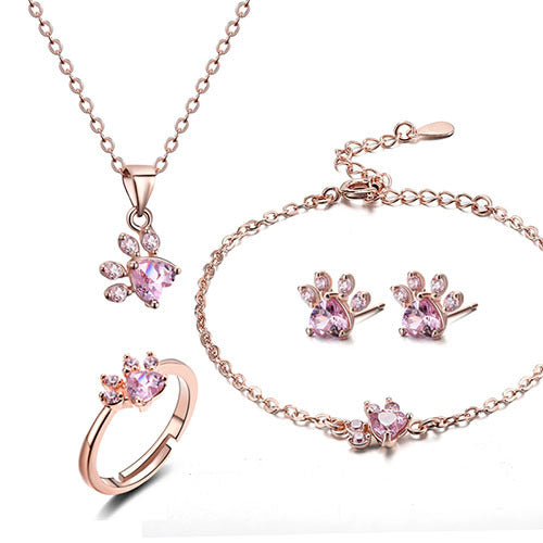 Ensemble de bijoux en or rose avec motif patte – 4 pièces avec cœur en zircone (bague, collier, boucles d'oreilles, bracelet)