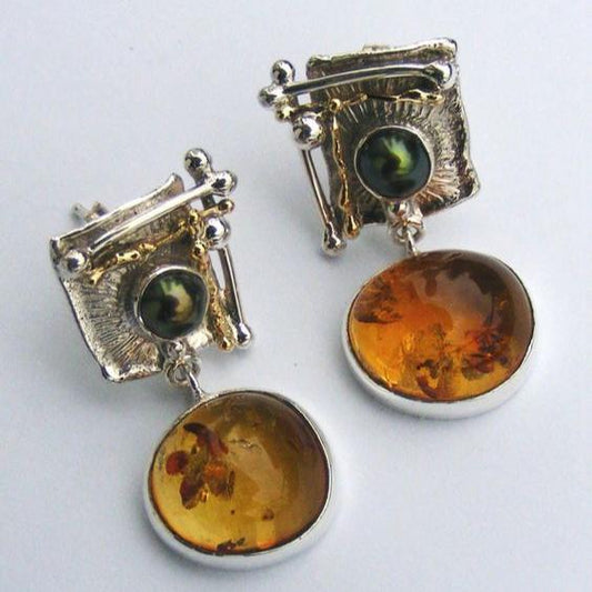 Boucles d'oreilles vintage en verre orange arrondi et argent