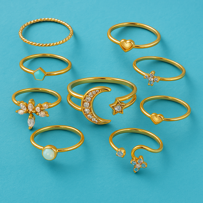 Lot de 10 bagues bohèmes en argent et plaquées or