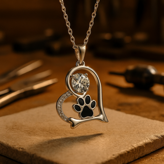 Collier artisanal avec empreinte de patte de chien et os en zircone