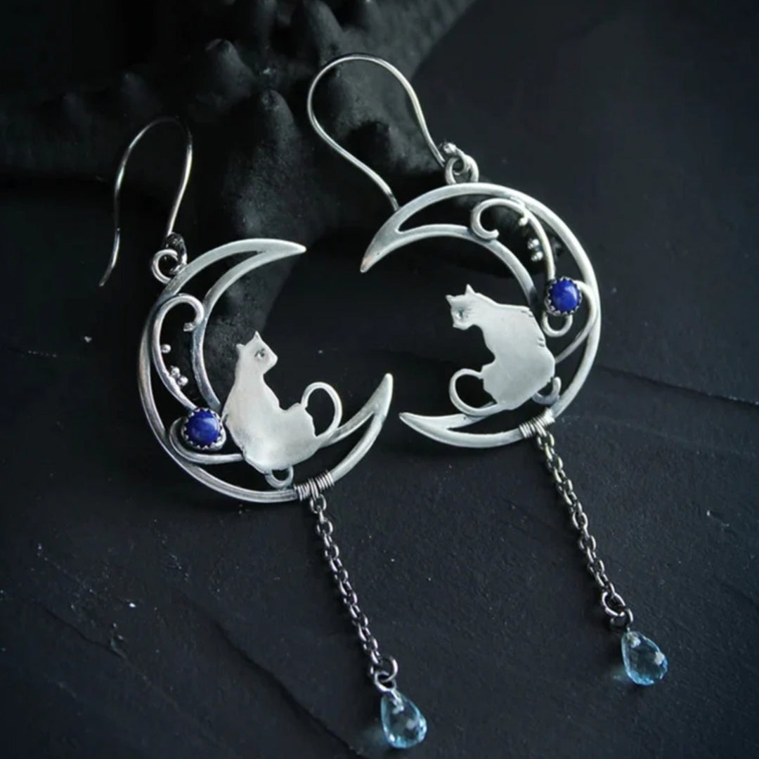 Boucles d'oreilles bohèmes chat en zircone bleue et argent sterling
