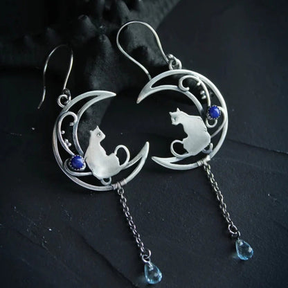 Boucles d'oreilles bohèmes chat en zircone bleue et argent sterling