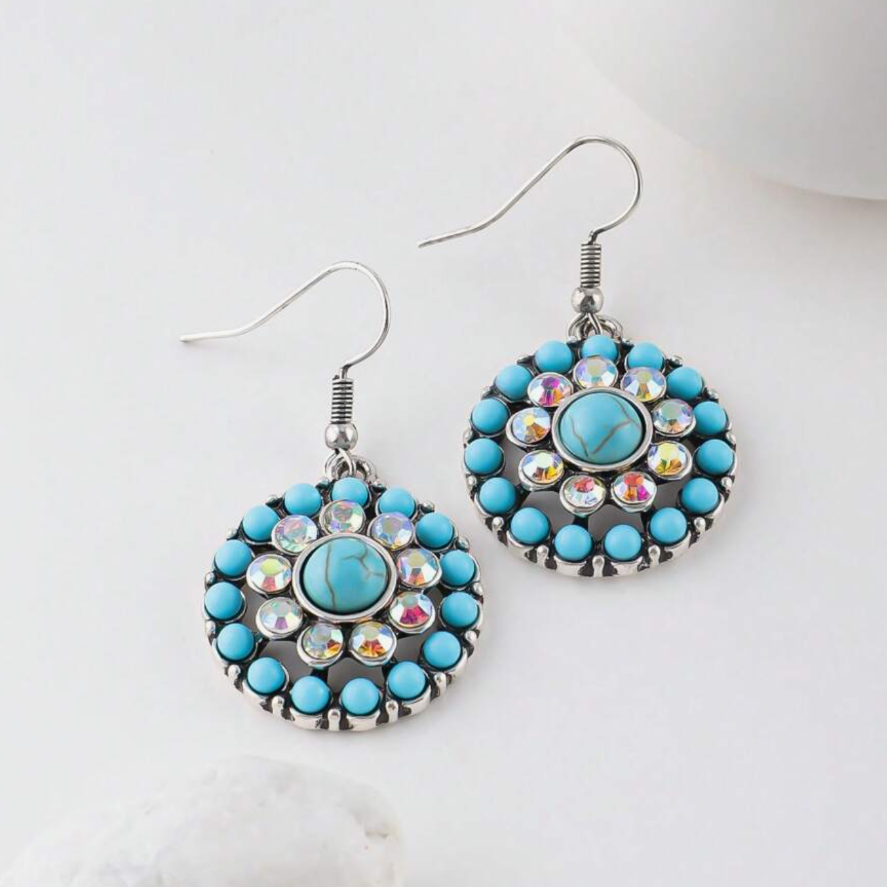 Boucles d'oreilles vintage Mandala bleues incrustées de pierres