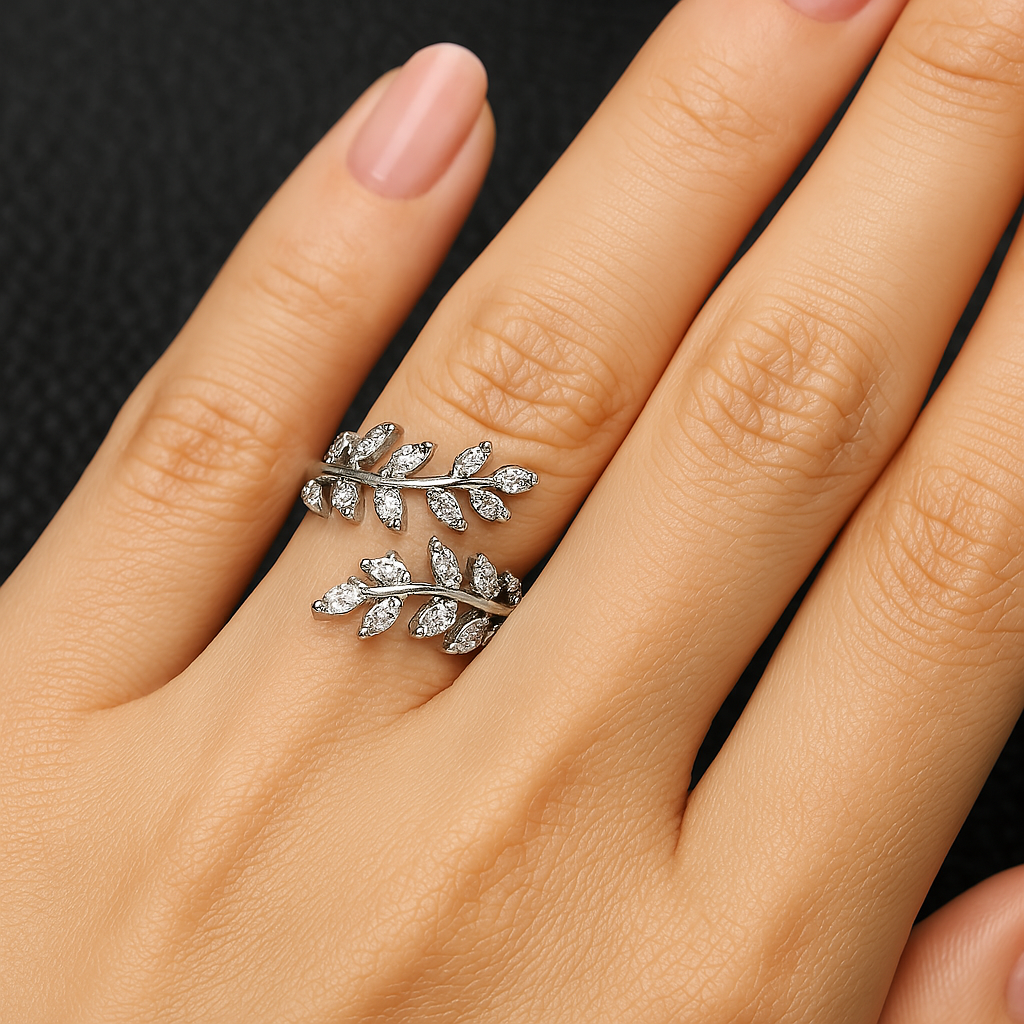 Bague vintage ajustable en argent avec motif floral et feuilles - Lydieannejewelry