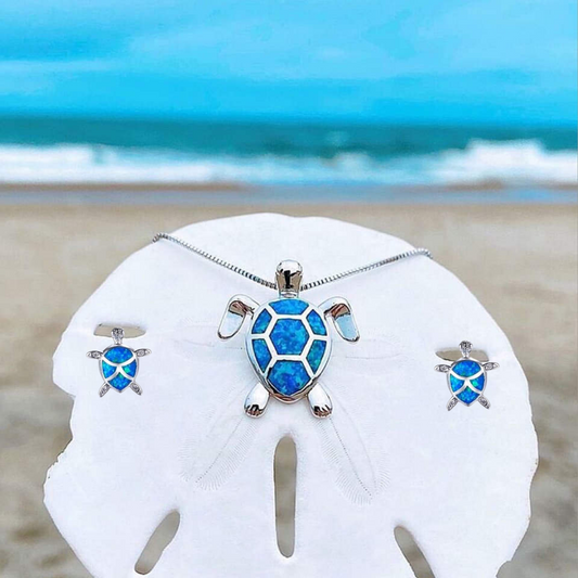 Ensemble collier et boucles d'oreilles tortue de mer en opale et argent
