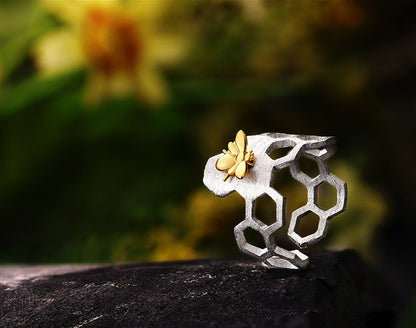 Bague ajustable en plaqué or 18 carats avec motif nid d'abeille