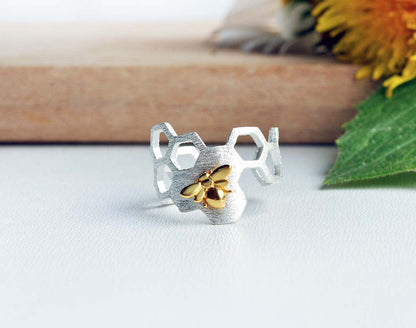Bague ajustable en plaqué or 18 carats avec motif nid d'abeille