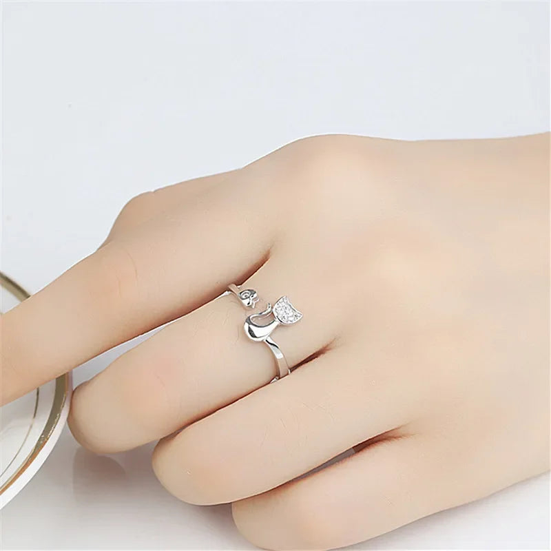 Bague ouverte chat mignon – Zircone cubique