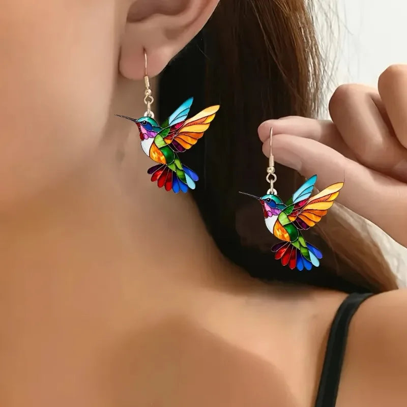 Boucles d'oreilles pendantes en acrylique en forme de colibri – Motif oiseau 2D lumineux