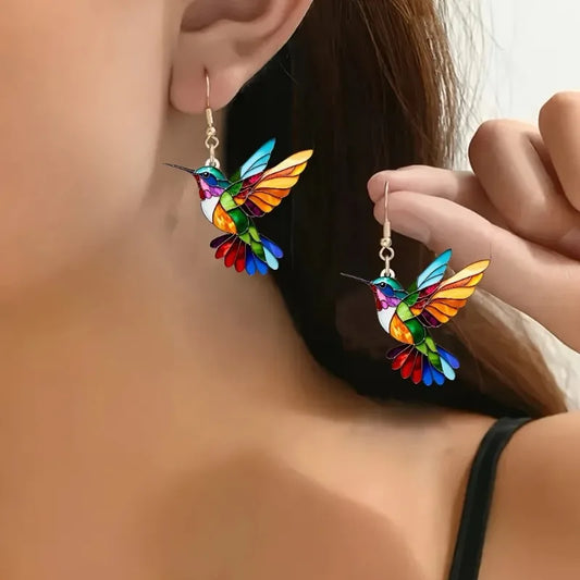 Boucles d'oreilles pendantes en acrylique en forme de colibri – Motif oiseau 2D lumineux