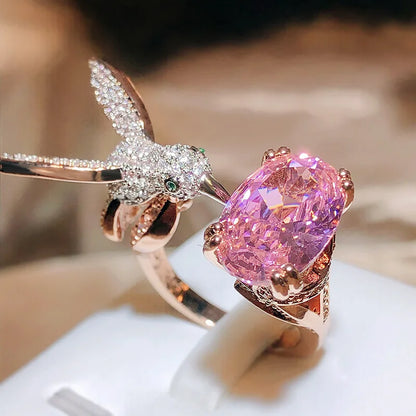 Bague ajustable avec pierre précieuse colibri – Zircon, plaquée or 14 carats