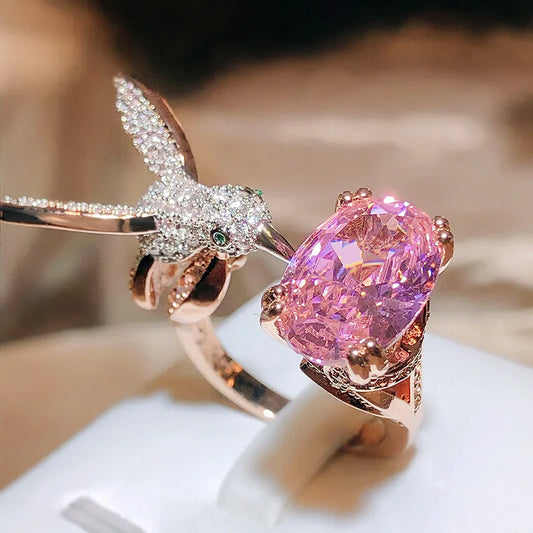 Bague ajustable avec pierre précieuse colibri – Zircon, plaquée or 14 carats