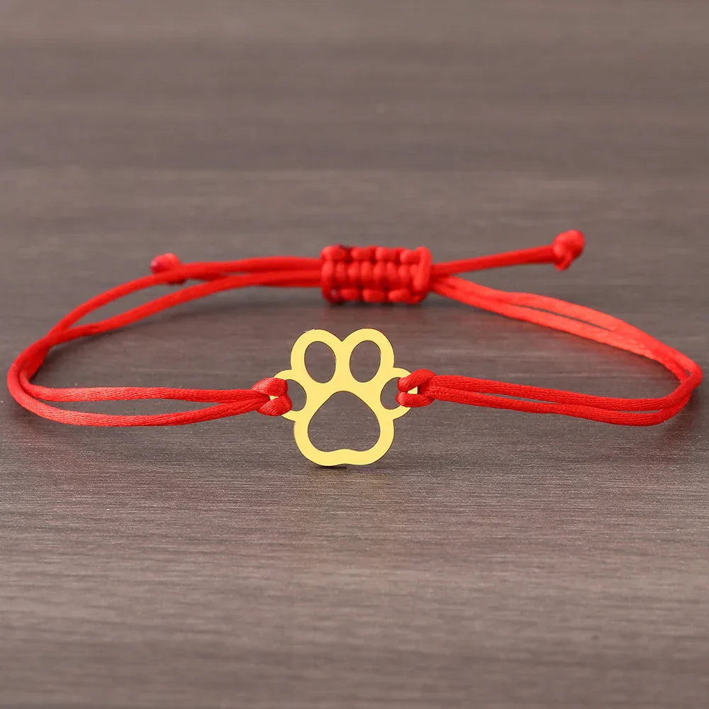 Bracelet cordon empreinte de patte – Design ajustable noir et rouge