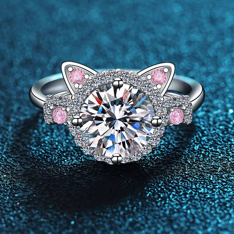 Bague ajustable avec oreilles de chat et zircone