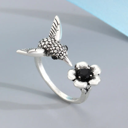 Bague colibri et fleur – Bague oiseau ouverte ajustable pour femme
