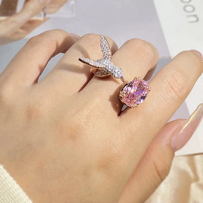 Bague ajustable avec pierre précieuse colibri – Zircon, plaquée or 14 carats