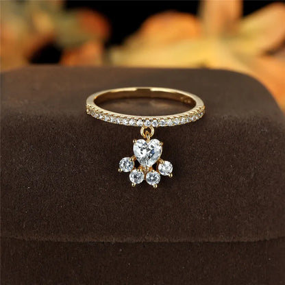 Bague vintage avec patte de chat et pierre en forme de cœur – dorée et argentée